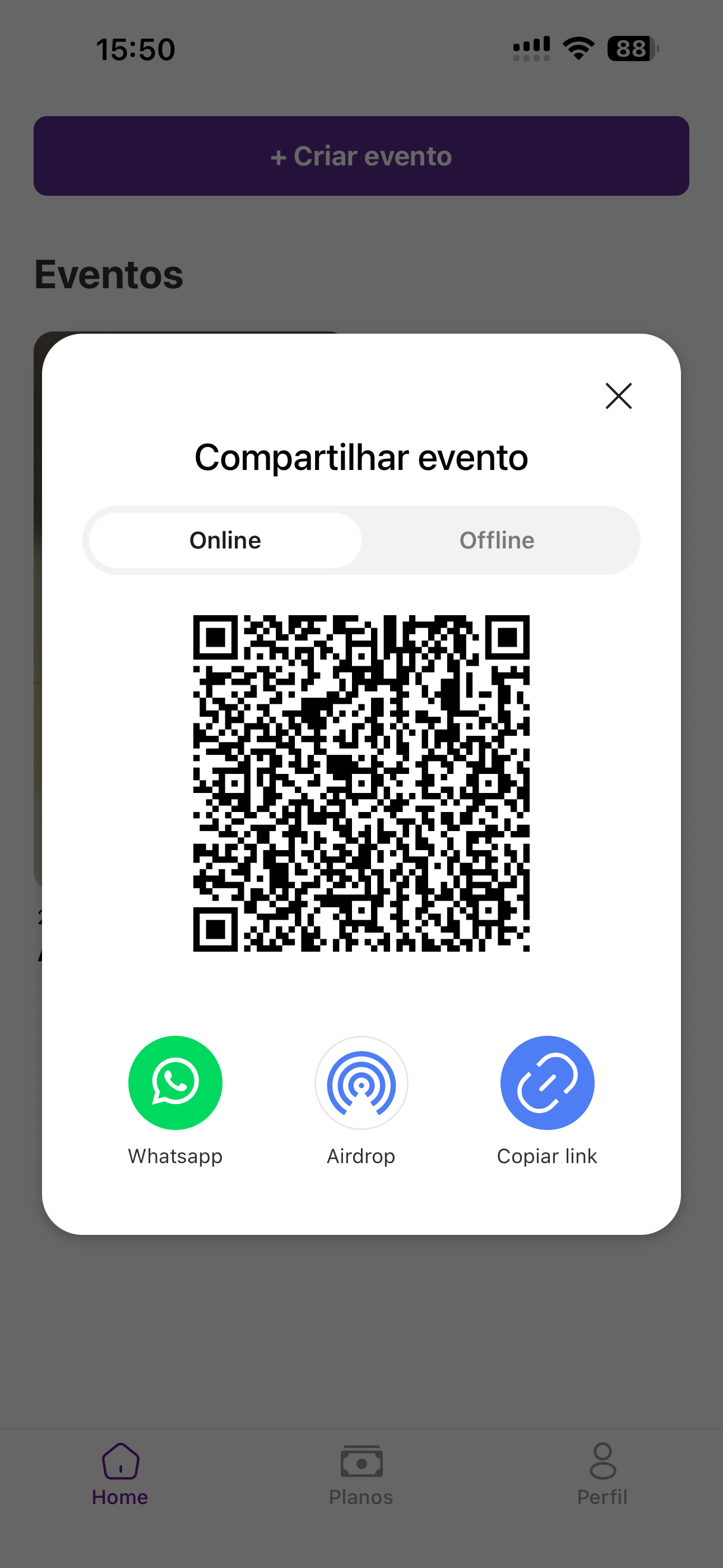 Opções de compartilhamento: QR Code, WhatsApp e Link